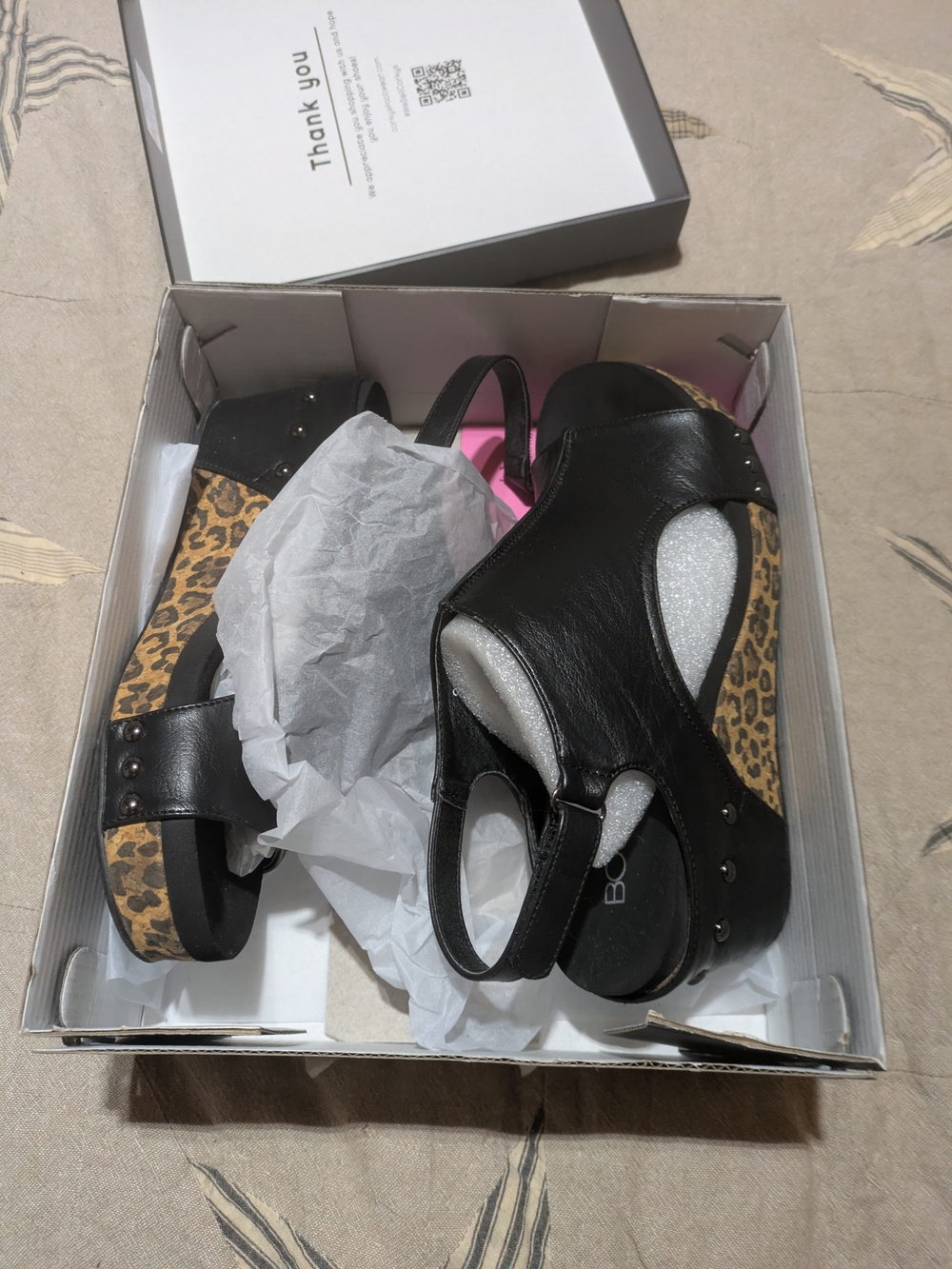 Black Leather Platform Sandals with Leopard Platform